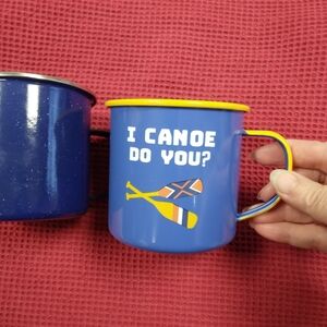 MUGS Two Enamel Camping Mugs, "I Canoe Do You" & Speckled Blue
